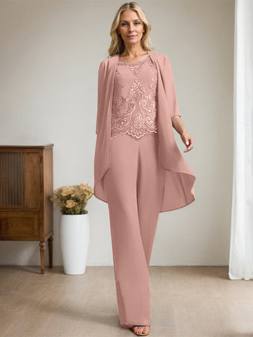 Zweiteiliges Jumpsuit-/Hosenanzug-Set, bodenlanges Chiffon-Spitzenkleid mit Perlen- und Paillettenstickerei für die Mutter der Braut 