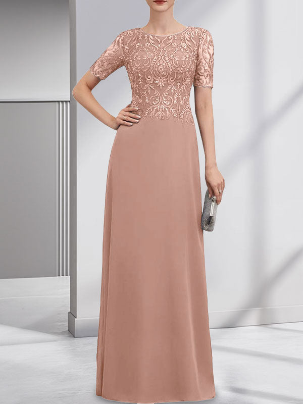 A-Linien-Kleid aus Chiffon mit Pailletten und Rundhalsausschnitt, bodenlang, für die Mutter der Braut