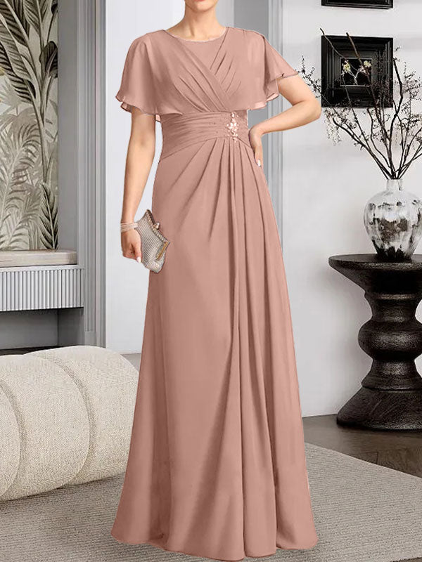 A-Linien-Kleid aus Chiffon mit Rundhalsausschnitt und bodenlanger Verarbeitung, verziert mit plissierten Perlen.
