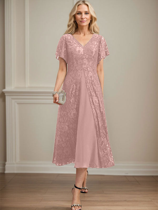 A-Linien-Kleid aus Chiffon mit V-Ausschnitt und Teelänge für die Mutter der Braut 