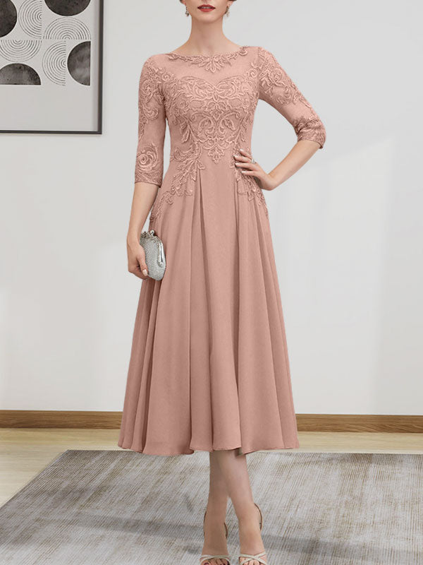 A-Linien-Kleid mit U-Boot-Ausschnitt, Illusion-Detail, Teelänge, Chiffonspitze, Perlenstickerei und Pailletten für die Mutter der Braut
