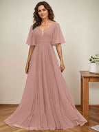 A-Linien-Kleid aus Chiffon mit V-Ausschnitt, bodenlang, mit Paillettenapplikationen, Spitze und Falten für die Mutter der Braut 