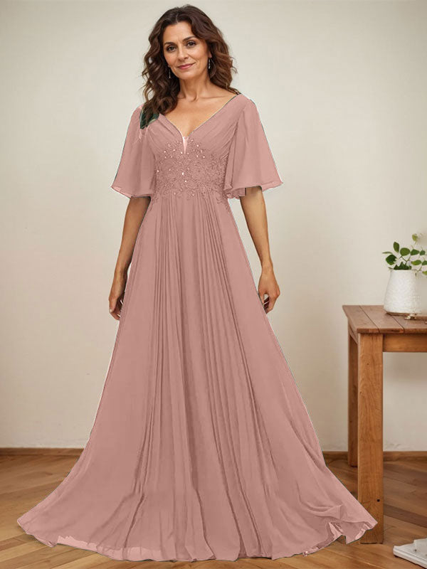 A-Linien-Kleid aus Chiffon mit V-Ausschnitt, bodenlang, mit Paillettenapplikationen, Spitze und Falten für die Mutter der Braut 