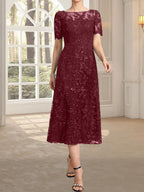 A-Linien-Kleid mit Rundhalsausschnitt, Illusion-Ausschnitt, Teelänge, Spitze und Pailletten für die Mutter der Braut