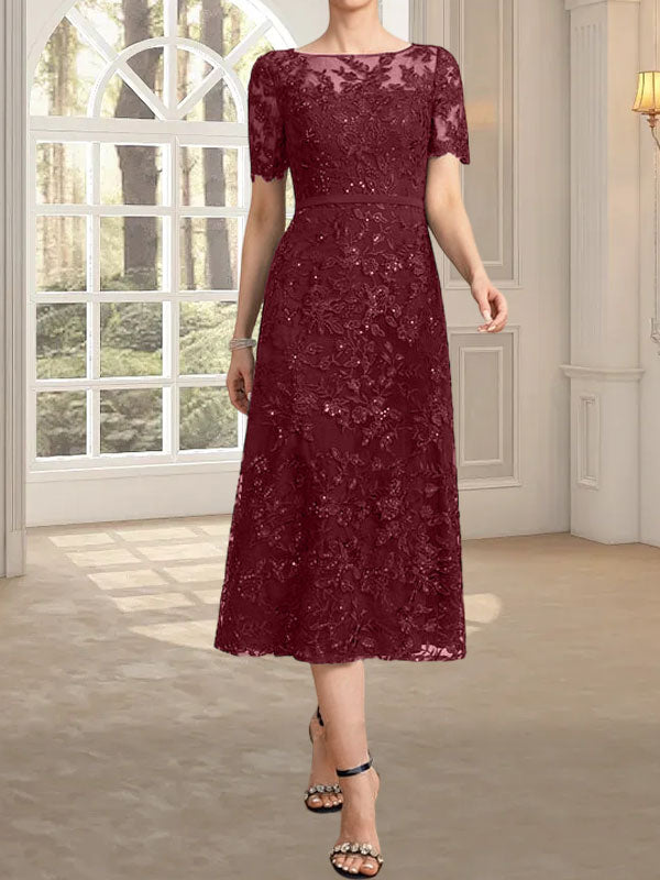 Vestido de encaje para madre de la novia con lentejuelas, corte A, escote ilusión, largo hasta la rodilla
