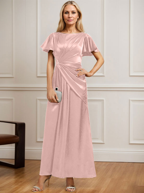 Vestido de madre de la novia de satén elástico con escote redondo y largo hasta los tobillos, corte en A y cuentas plisadas 