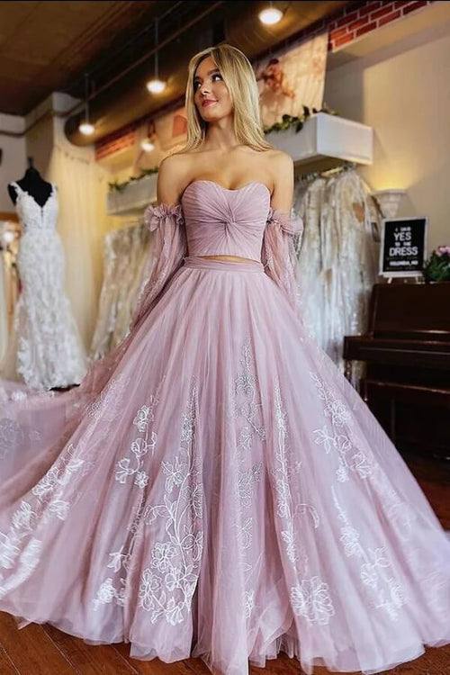 A-line Two Pieces Lace Appliques Prom Dresses With Sleeves