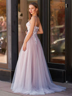 Dusty  White Lace Appliqué Spaghetti Strap Prom Dresses