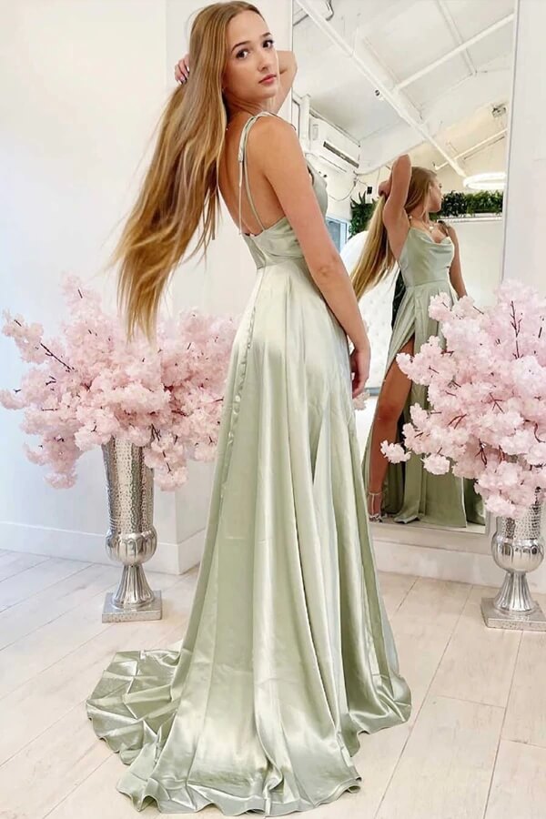 A-line Cowl Neck Simple Prom Dresses With Slit Party Dress
