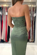 Dusty Sage Mermaid Strapless Prom Dresses With Slit Evening Gown