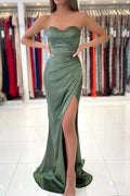 Dusty Sage Mermaid Strapless Prom Dresses With Slit Evening Gown