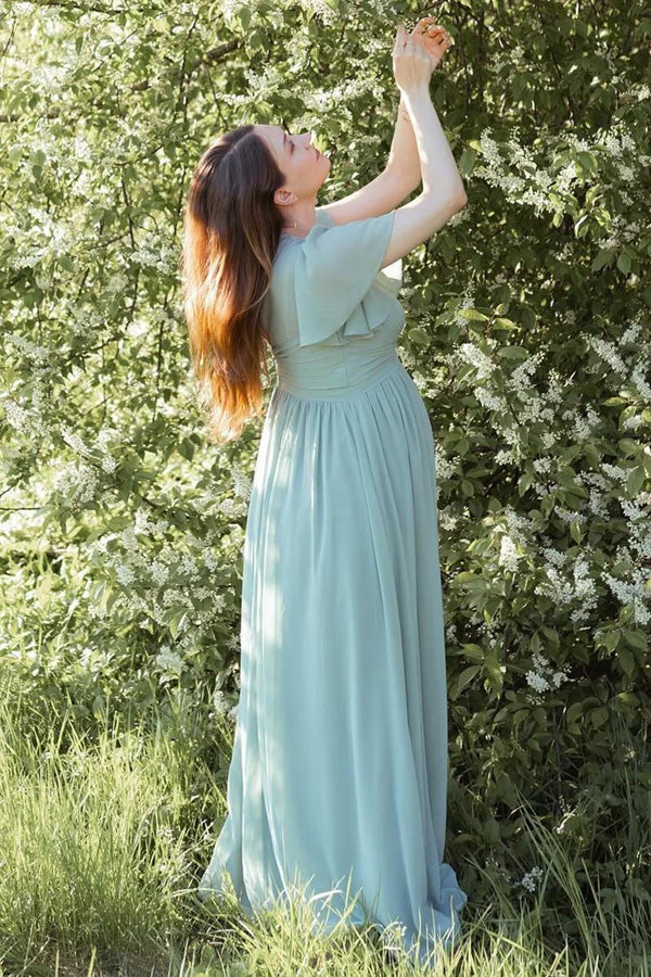 Dusty Sage V-Neck Maternity Bridesmaid Dress with Flared Sleeves