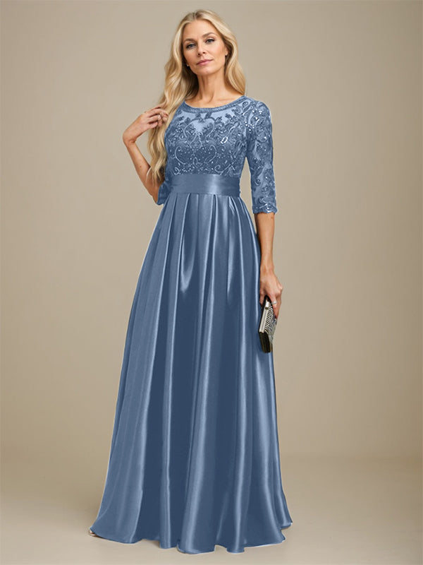 A-Linien-Kleid mit Illusion-Ausschnitt, bodenlang, aus Stretch-Satin und Spitze, verziert mit Schleife und Pailletten, für die Mutter der Braut 