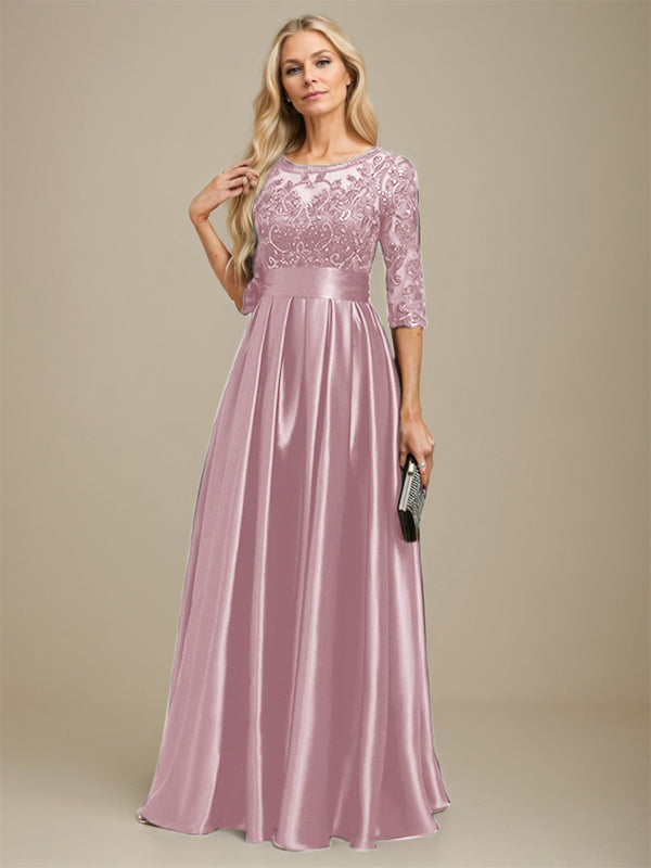 Vestido de madre de la novia de satén elástico con encaje, corte A, escote ilusión, largo hasta el suelo, con lazo y lentejuelas 