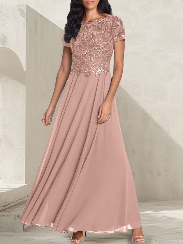 Anthrazitgraues, A-Linien-Kleid mit Rundhalsausschnitt und Perlenstickerei für die Mutter der Braut