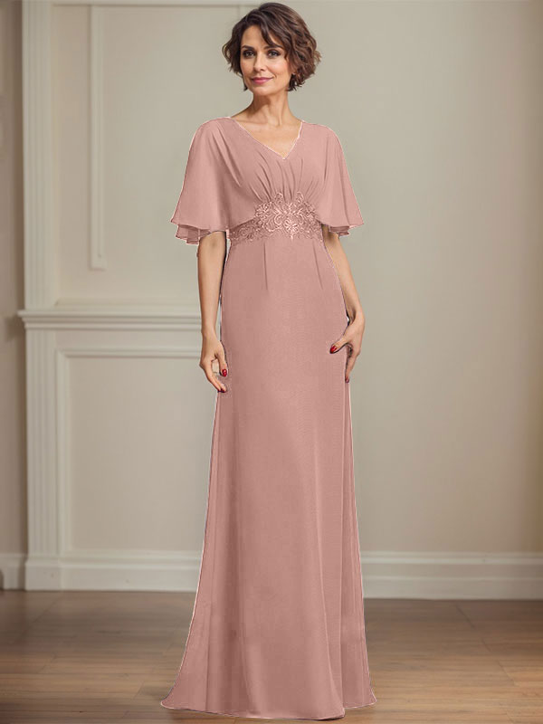 A-Linien-Kleid aus Chiffon mit V-Ausschnitt, bodenlang, für die Mutter der Braut, mit plissierten Paillettenapplikationen und Spitze