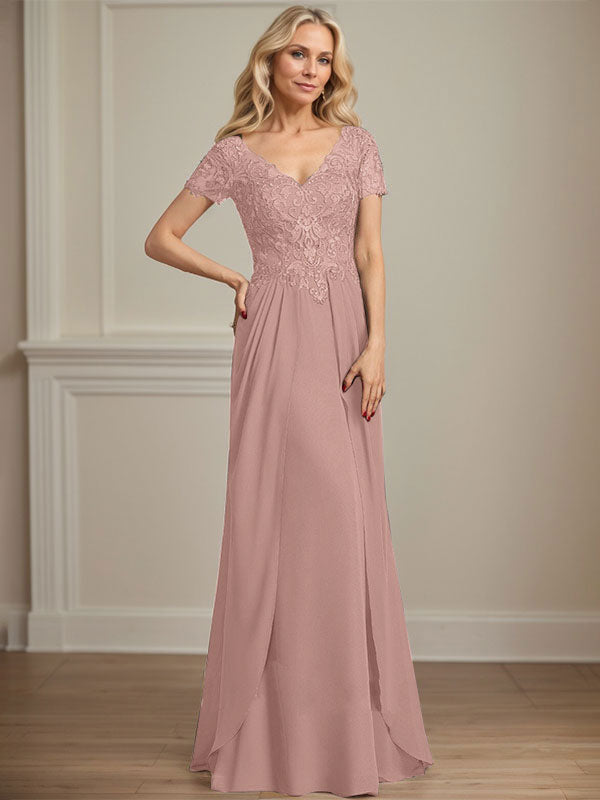 Vestido de gasa con encaje y escote en V hasta el suelo para madre de la novia