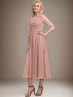 A-Linien-Kleid mit Rundhalsausschnitt, Teelänge, Spitze, Chiffon, Pailletten, für die Mutter der Braut