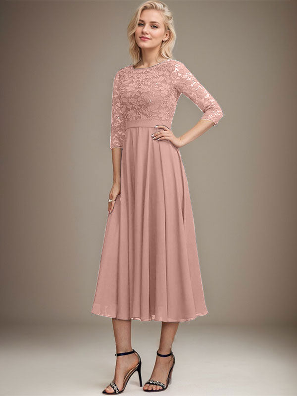 Vestido de gasa con encaje y lentejuelas para madre de la novia, corte A, escote redondo y largo hasta la rodilla