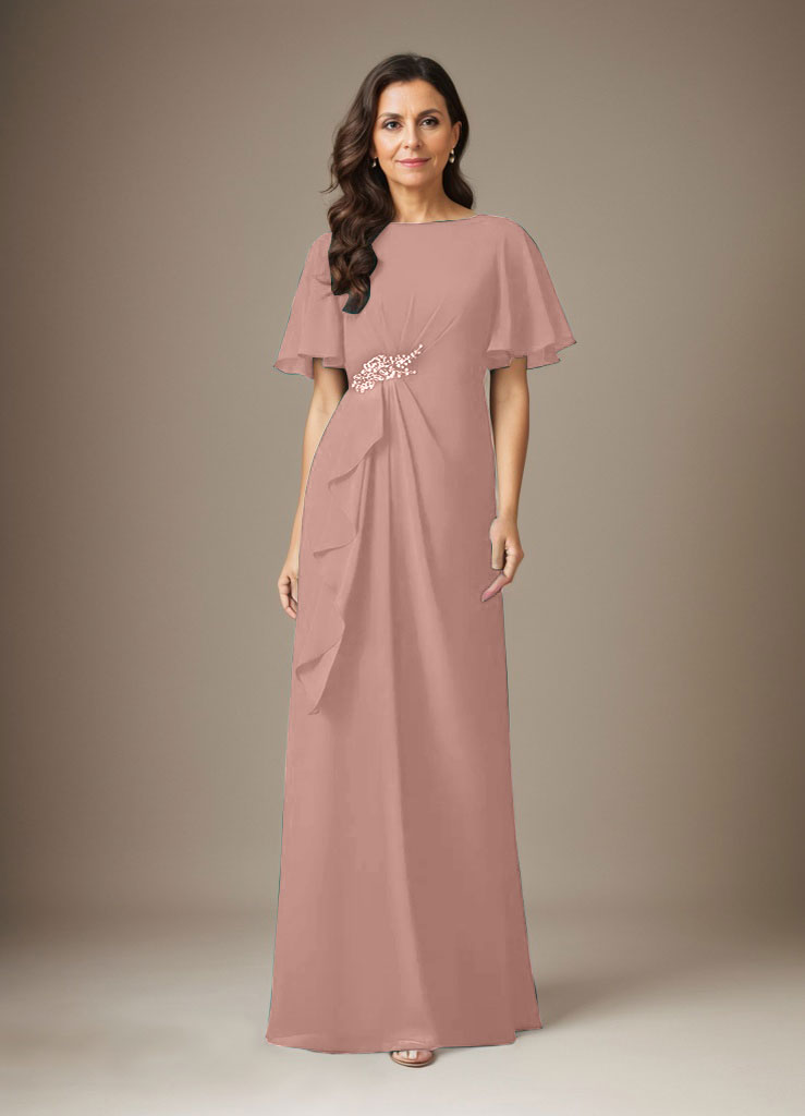Dunkelblaues Etuikleid aus Chiffon mit Perlenbesatz