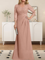 Etuikleid/Säulenkleid mit V-Ausschnitt, Illusion-Detail, bodenlang, aus Chiffonspitze und plissierten Pailletten für die Mutter der Braut 
