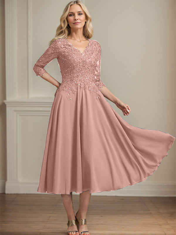 Vestido de gasa con encaje y escote en V, largo hasta la rodilla, para madre de la novia, con lentejuelas y abalorios 