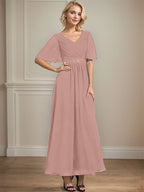 A-Linien-Chiffonkleid mit V-Ausschnitt, Knöchellänge, plissierten Pailletten und Perlenstickerei für die Mutter der Braut