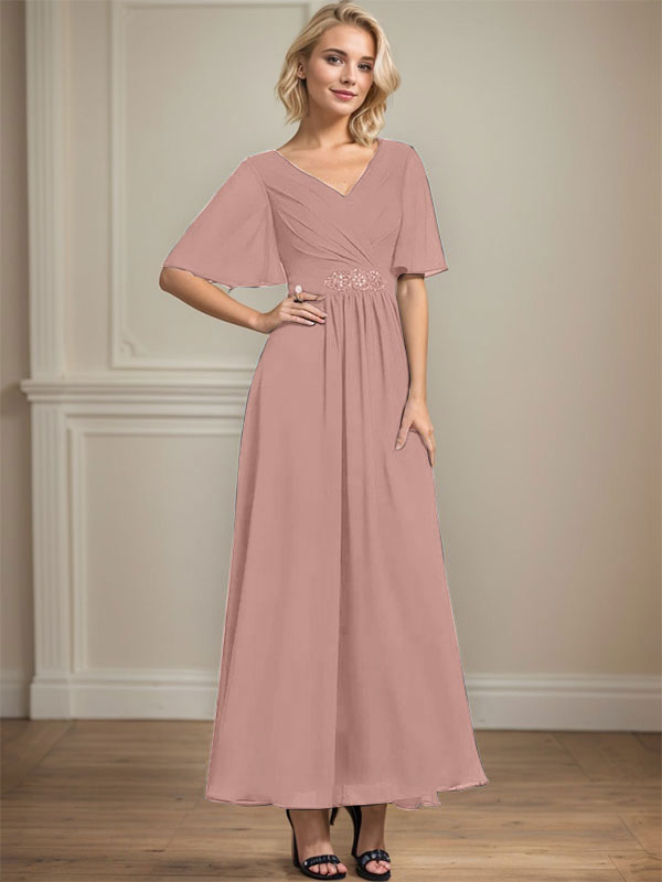 Vestido de gasa para madre de la novia, corte A, escote en V, largo hasta los tobillos, con lentejuelas y cuentas plisadas