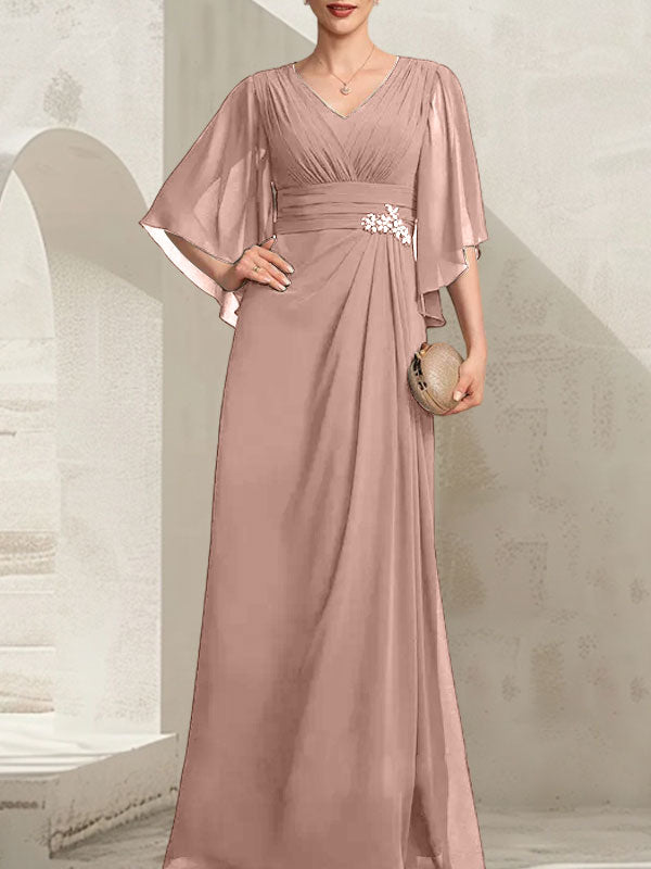 Vestido de gasa para madre de la novia, con escote en V, largo hasta el suelo, con lentejuelas plisadas y abalorios.