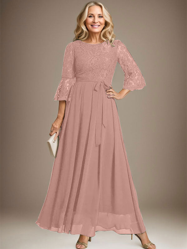 A-Linien-Kleid aus Chiffon mit Rundhalsausschnitt und Schleife, knöchellang, für die Mutter der Braut