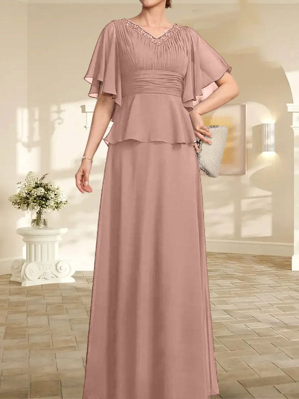 Vestido de gasa para madre de la novia, corte A, escote en V, largo hasta el suelo, con cuentas plisadas