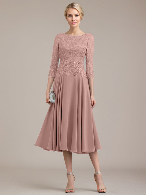 A-Linien-Kleid aus Chiffon mit Rundhalsausschnitt und Teelänge für die Mutter der Braut 