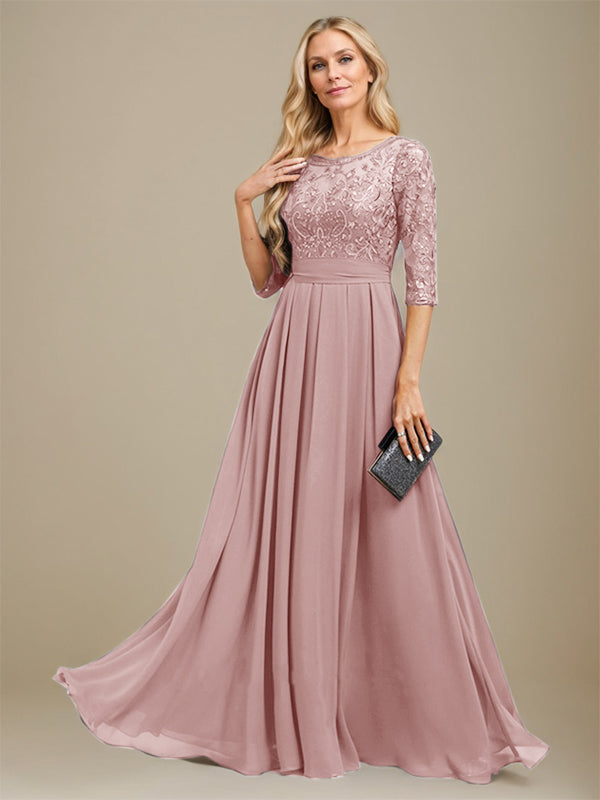 Vestido de gasa con encaje y apliques de lentejuelas para madre de la novia, corte A, largo hasta el suelo 