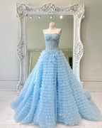 A-Line Tiered Sequins Tulle Long Prom Dress