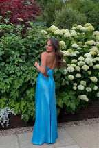 Elegant Silk Satin Sheath V Neck Spaghetti Straps Prom Dresses