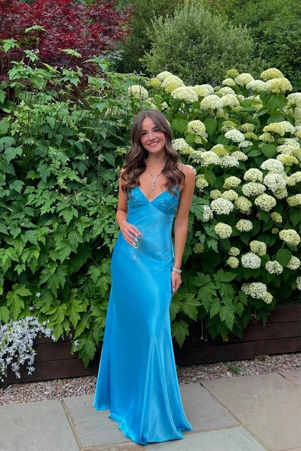 Elegant Silk Satin Sheath V Neck Spaghetti Straps Prom Dresses