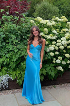 Elegant Silk Satin Sheath V Neck Spaghetti Straps Prom Dresses
