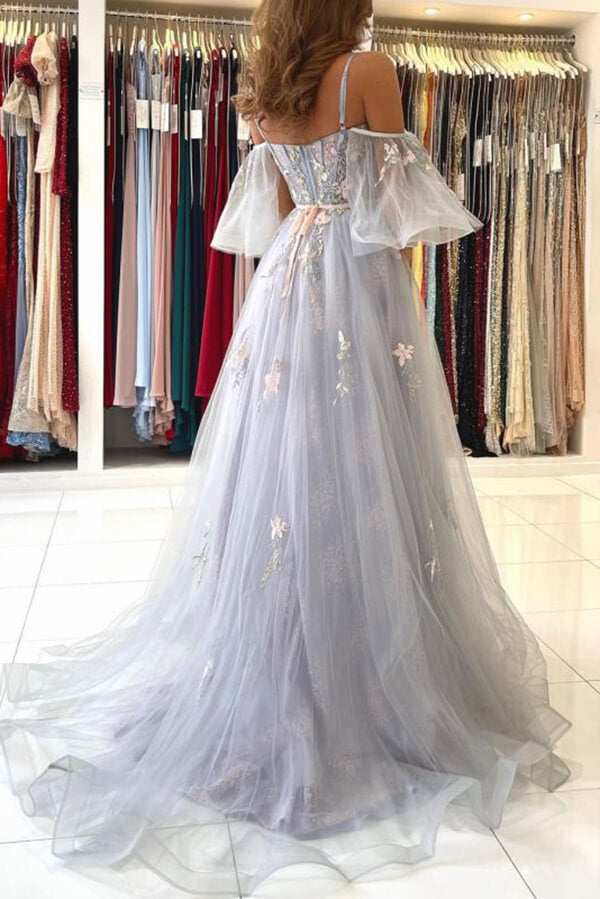 Tulle A-line Off Shoulder Floral Prom Dresses Evening Gown