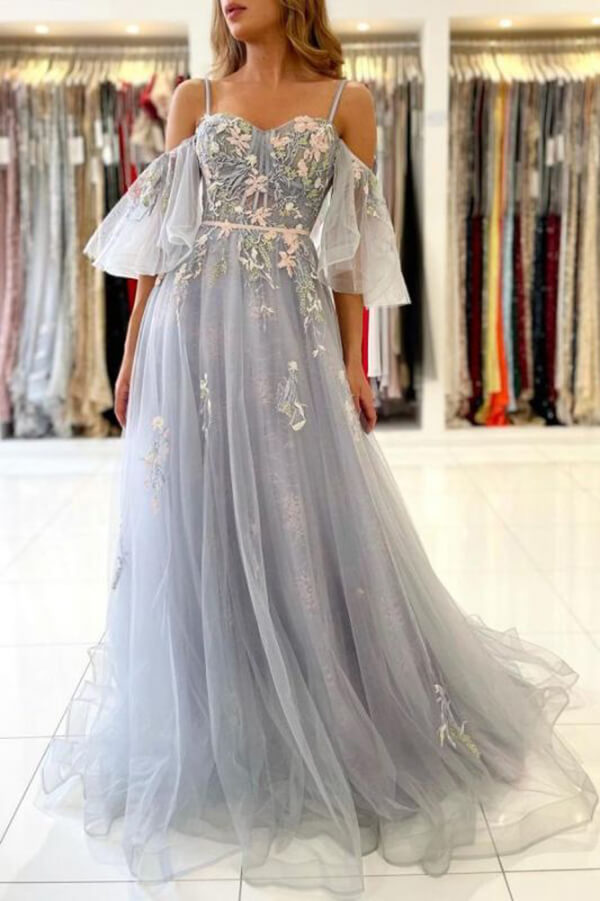 Tulle A-line Off Shoulder Floral Prom Dresses Evening Gown