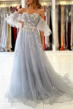 Tulle A-line Off Shoulder Floral Prom Dresses Evening Gown