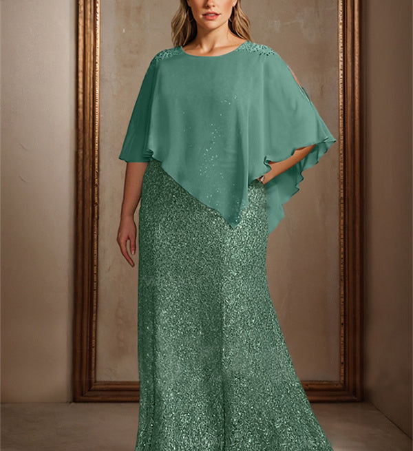 Chiffon-Hosenanzüge in Bodenlänge für die Mutter der Braut mit Paillettenbesatz und Rundhalsausschnitt 