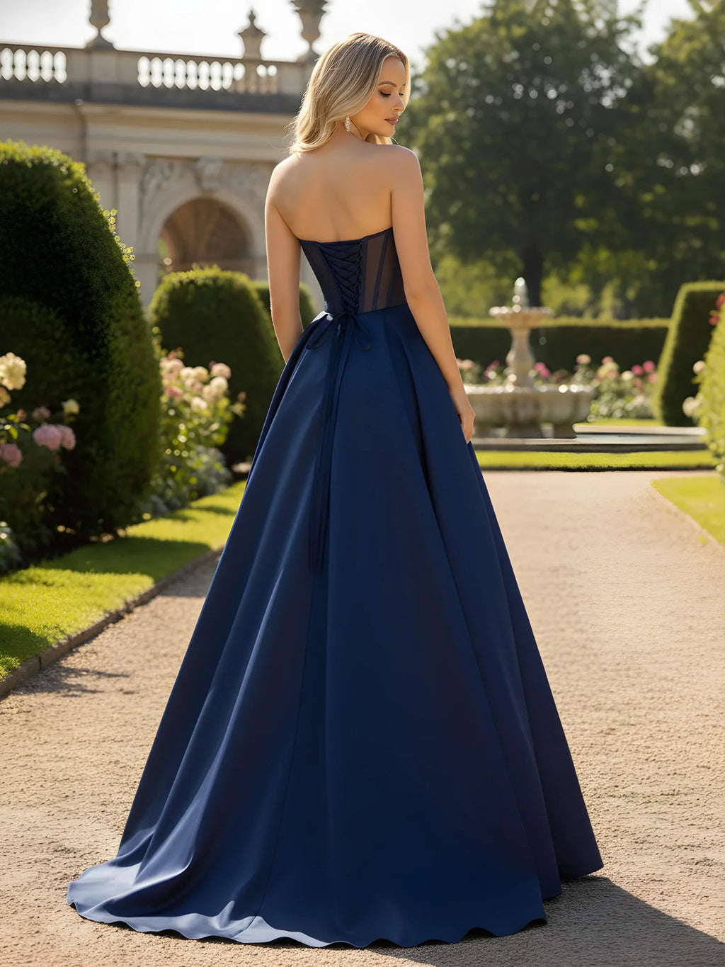 Elegante vestido de fiesta de satén sin tirantes con escote corazón con cuentas: Vestido de promoción