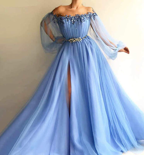 Elegant Off the Shoulder Long Sleeves Beaded Side Slit Prom Dresses