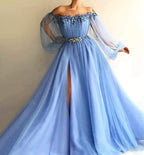 Elegant Off the Shoulder Long Sleeves Beaded Side Slit Prom Dresses