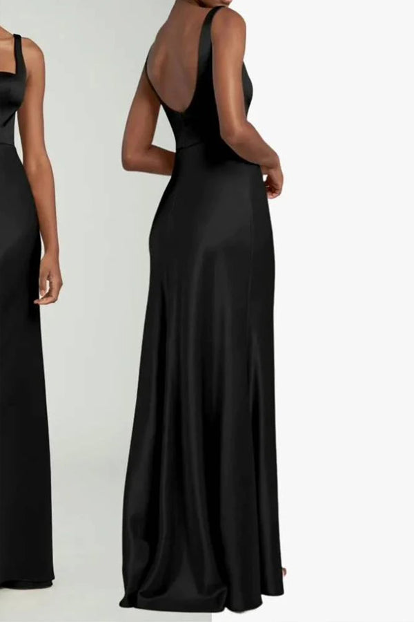 Elegante vestido negro largo de dama de honor con escote cuadrado
