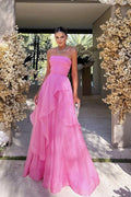 Elegante, trägerlose, mehrlagige rosa Ballkleider, lange Abendkleider