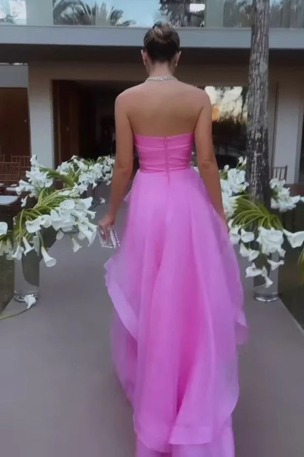 Elegante, trägerlose, mehrlagige rosa Ballkleider, lange Abendkleider