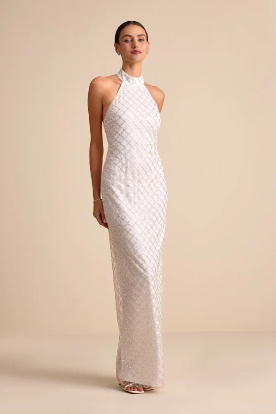 Elegant Halter Neck Maxi Dress with Geometric Sequin Embellishments and High Side Slit, Prom Dress