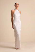 Elegant Halter Neck Maxi Dress with Geometric Sequin Embellishments and High Side Slit, Prom Dress