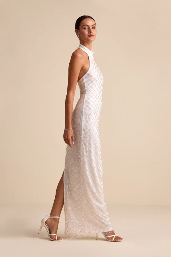 Elegant Halter Neck Maxi Dress with Geometric Sequin Embellishments and High Side Slit, Prom Dress